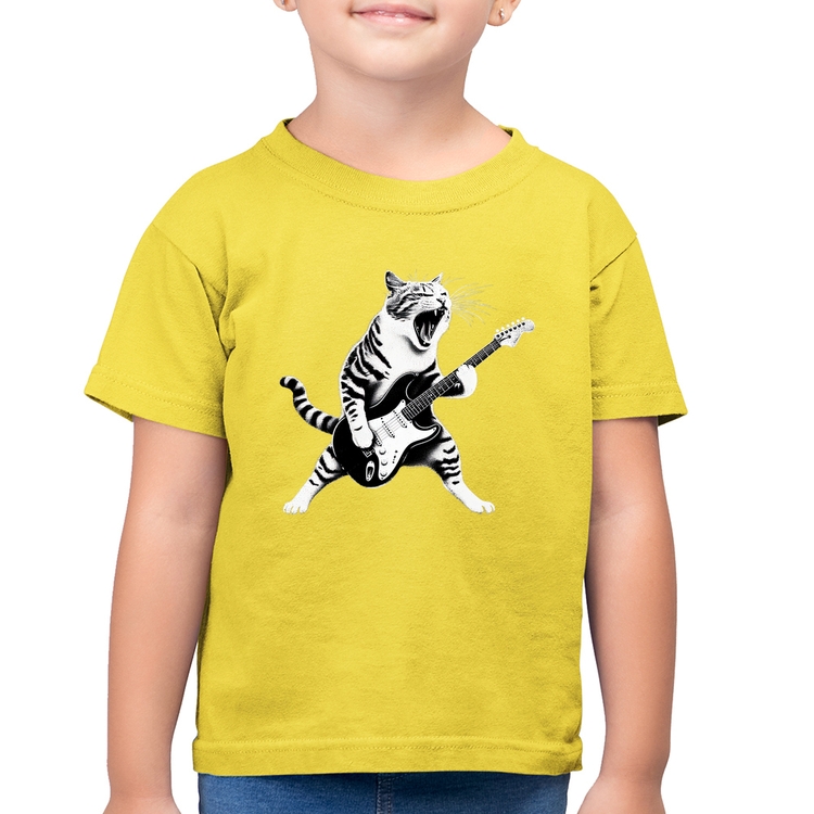 Camiseta Algodão Infantil Gato Guitarrista - Amarelo Canário