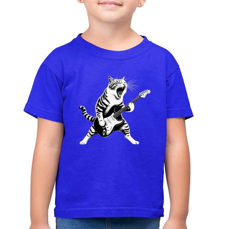 Camiseta Algodão Infantil Gato Guitarrista - Azul Royal