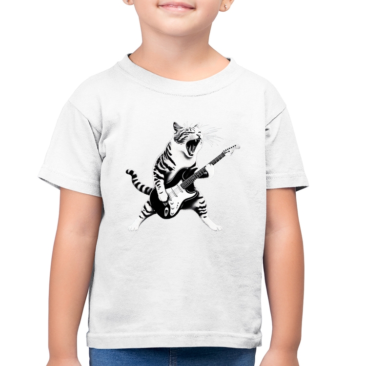 Camiseta Algodão Infantil Gato Guitarrista - Branca