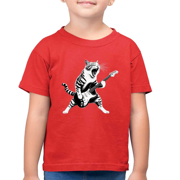 Camiseta Algodão Infantil Gato Guitarrista - Vermelha