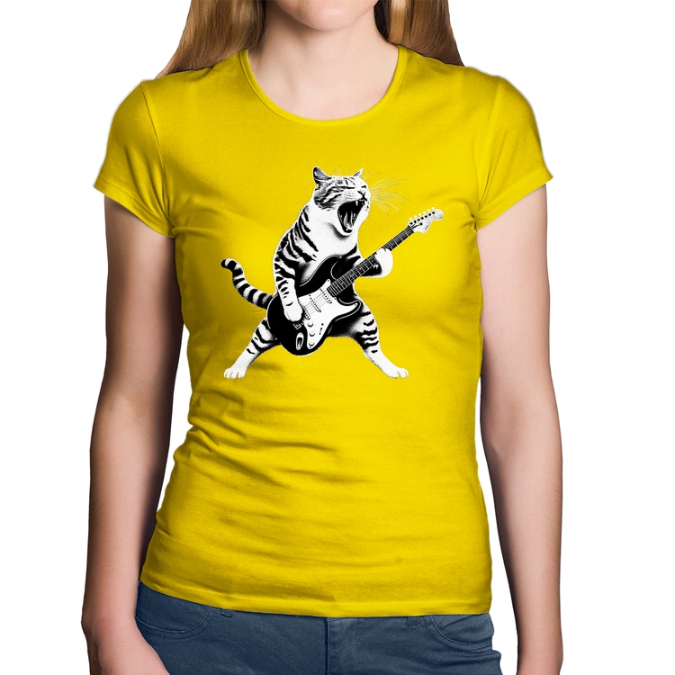 Baby Look Algodão Gato Guitarrista - Amarela