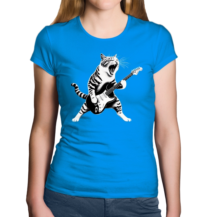 Baby Look Algodão Gato Guitarrista - Azul