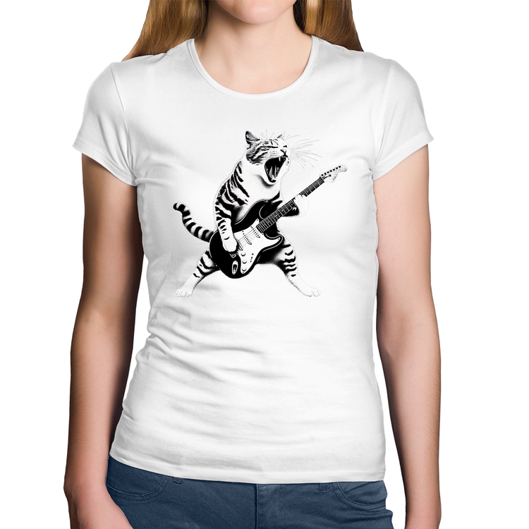 Baby Look Algodão Gato Guitarrista - Branca