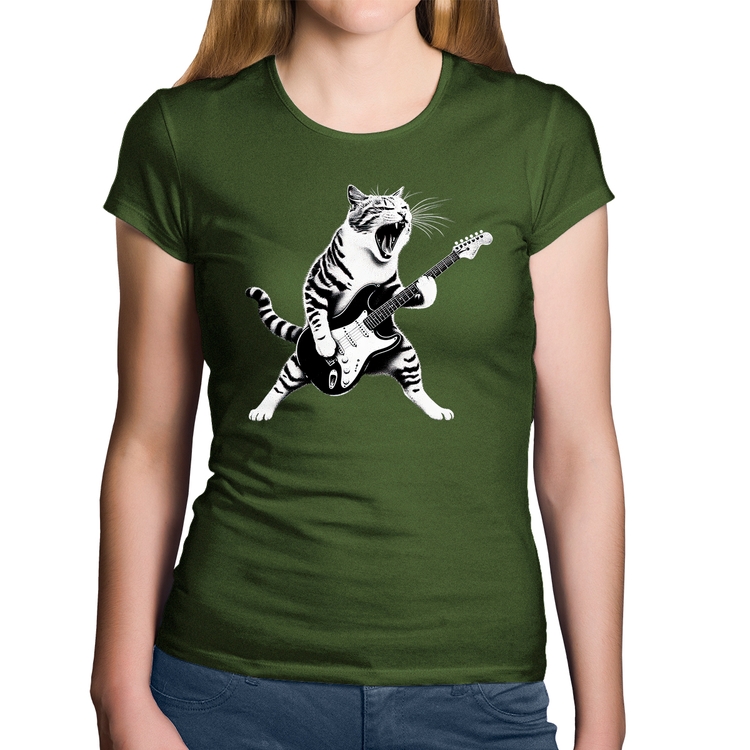 Baby Look Algodão Gato Guitarrista - Musgo