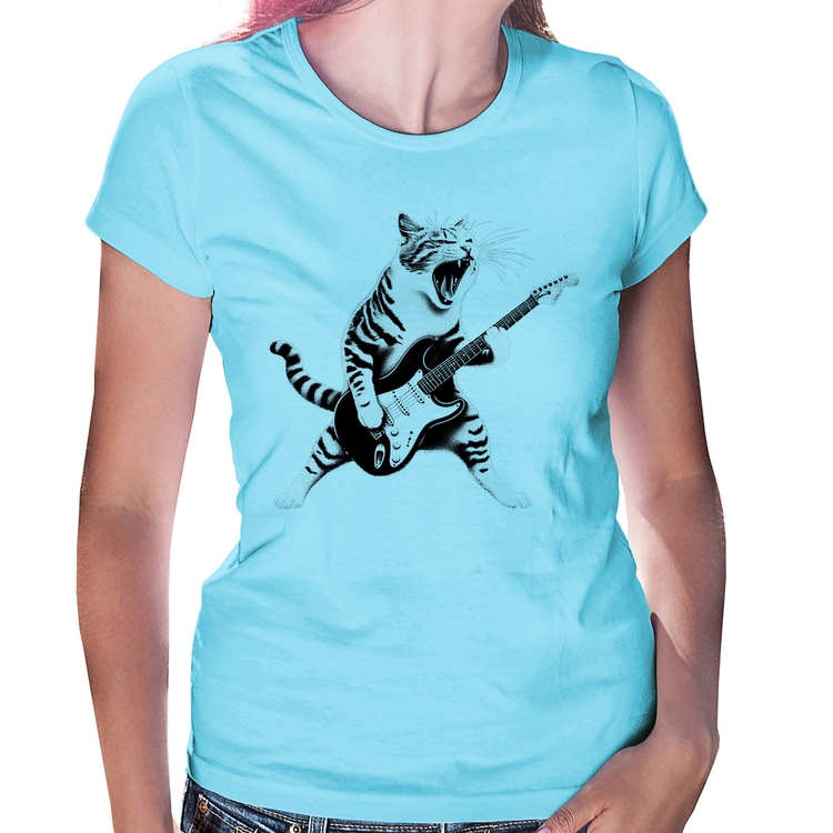 Baby Look Gato Guitarrista - Azul Bebê