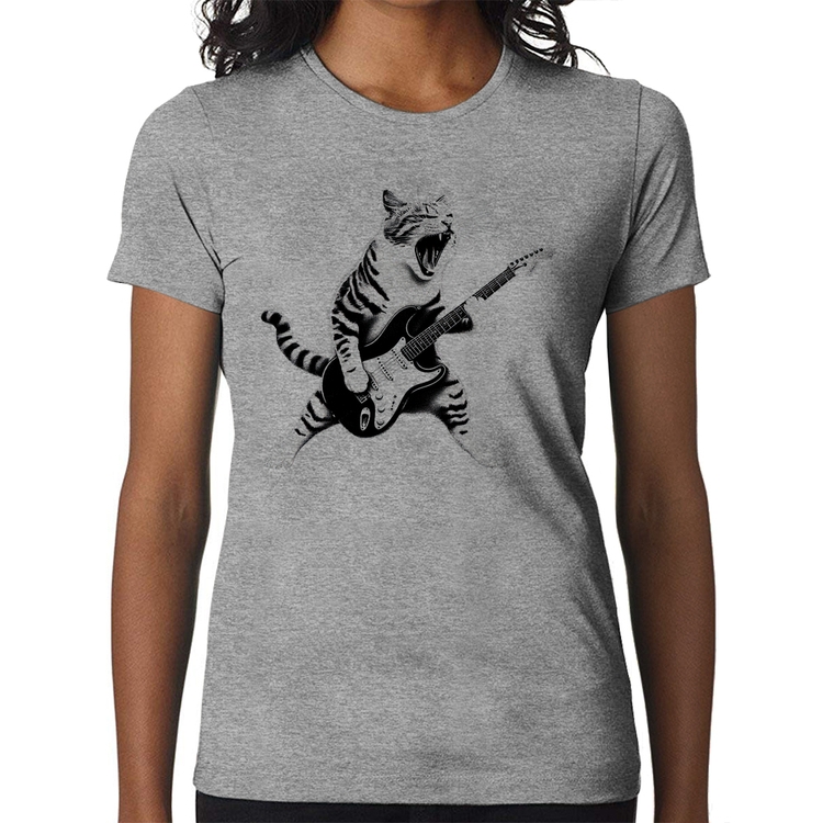 Baby Look Gato Guitarrista - Cinza