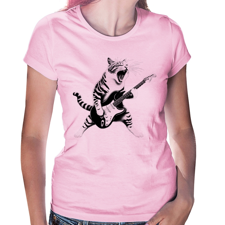 Baby Look Gato Guitarrista - Rosa Bebê