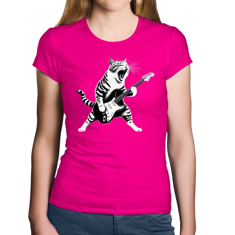 Baby Look Algodão Gato Guitarrista - Rosa