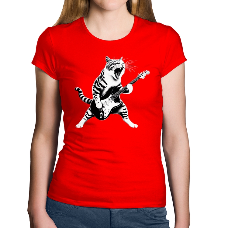 Baby Look Algodão Gato Guitarrista - Vermelha