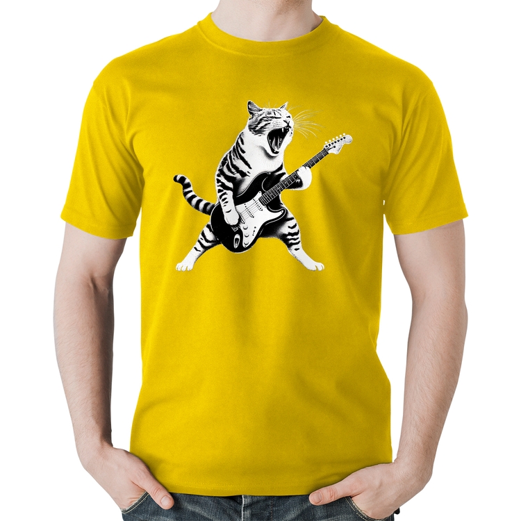 Camiseta Algodão Gato Guitarrista - Amarela