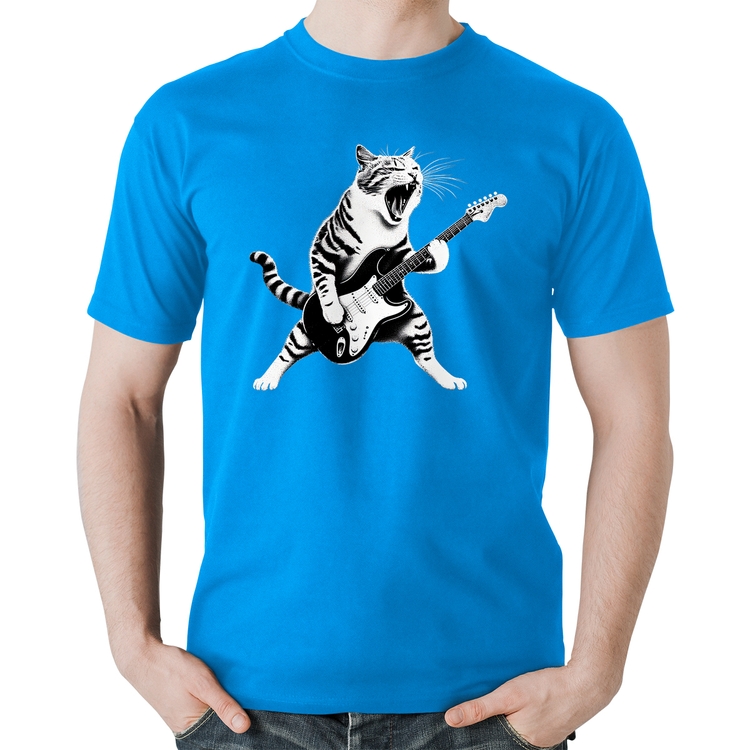Camiseta Algodão Gato Guitarrista - Azul