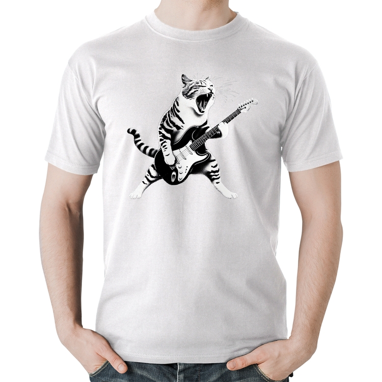 Camiseta Algodão Gato Guitarrista - Branca