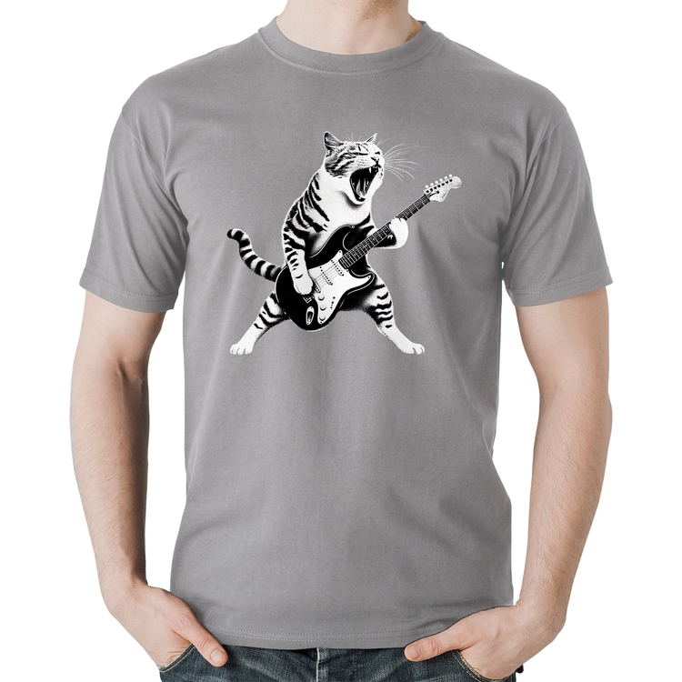 Camiseta Algodão Gato Guitarrista - Cinza