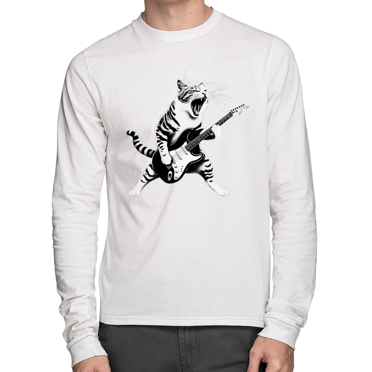 Camiseta Algodão Gato Guitarrista Manga Longa - Branca
