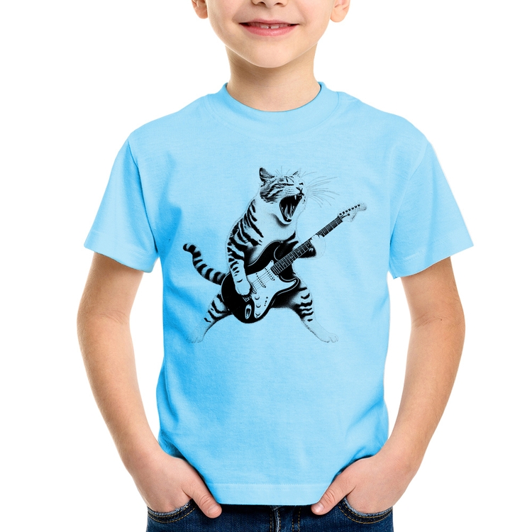 Camiseta Infantil Gato Guitarrista - Azul Bebê