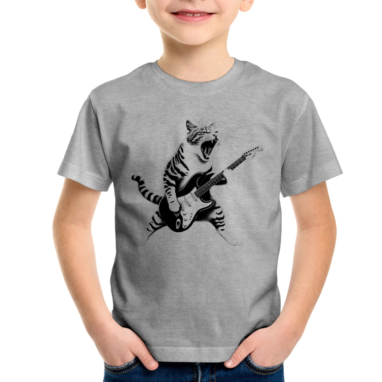 Camiseta Infantil Gato Guitarrista - Cinza