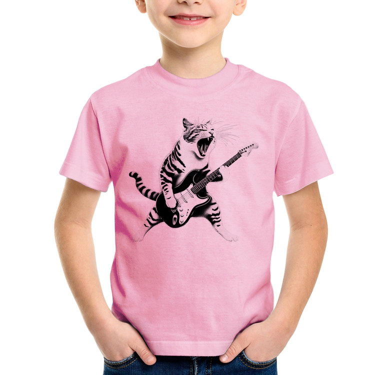 Camiseta Infantil Gato Guitarrista - Rosa Bebê