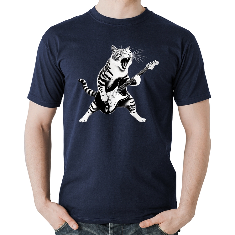 Camiseta Algodão Gato Guitarrista - Marinho