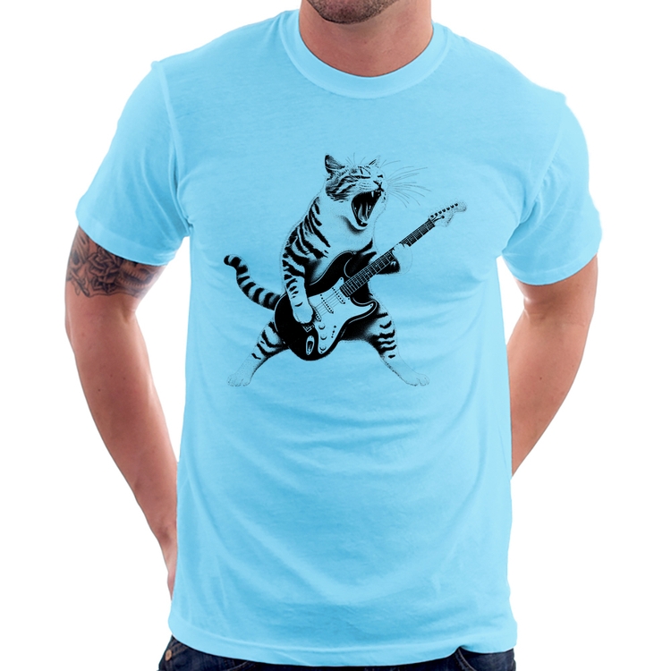 Camiseta Gato Guitarrista - Azul Bebê