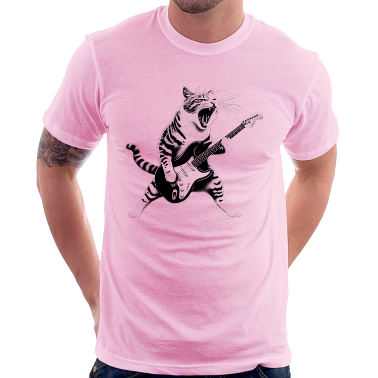 Camiseta Gato Guitarrista - Rosa Bebê