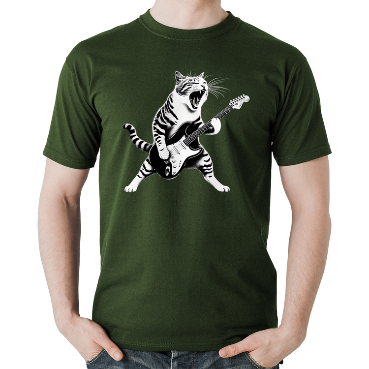 Camiseta Algodão Gato Guitarrista - Musgo