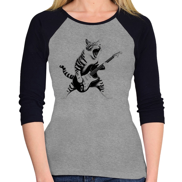 Baby Look Raglan Gato Guitarrista Manga 3/4 - Cinza/Preto