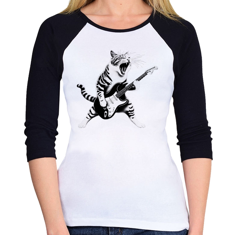 Baby Look Raglan Gato Guitarrista Manga 3/4