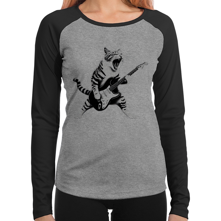 Baby Look Raglan Gato Guitarrista Manga Longa - Cinza/Preto