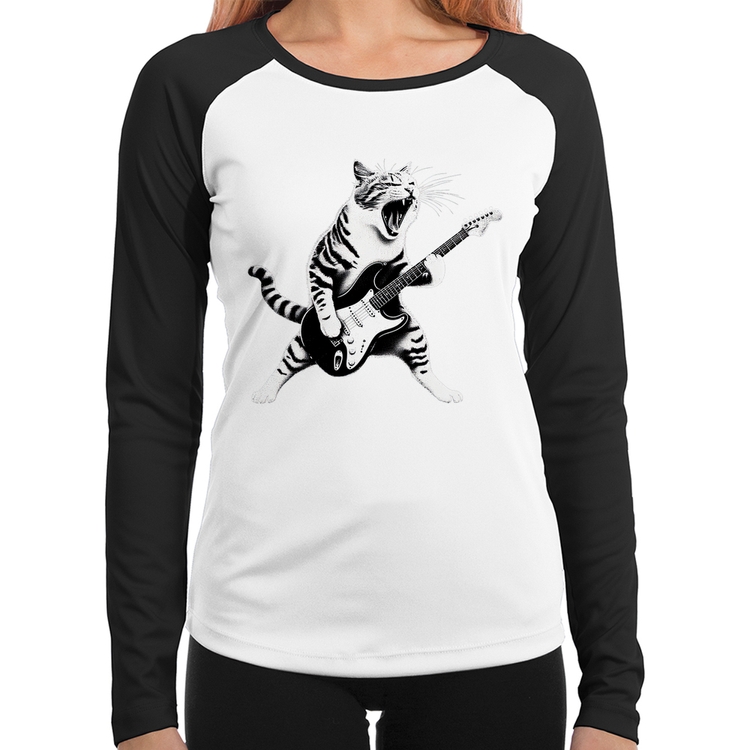 Baby Look Raglan Gato Guitarrista Manga Longa