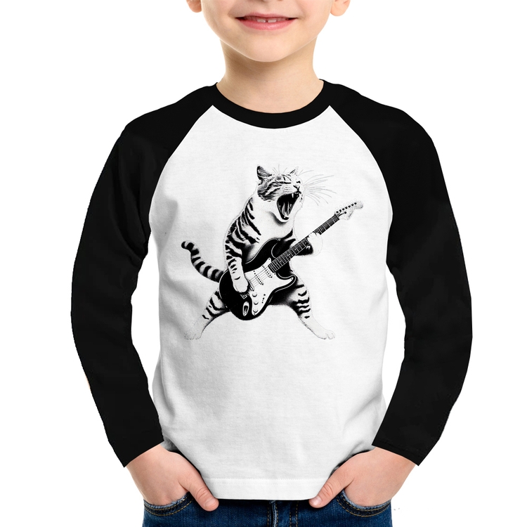 Camiseta Raglan Infantil Gato Guitarrista Manga Longa