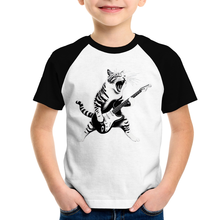 Camiseta Raglan Infantil Gato Guitarrista