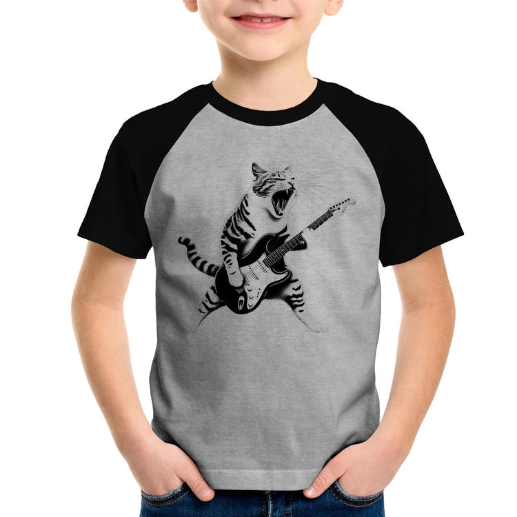 Camiseta Raglan Infantil Gato Guitarrista - Cinza/Preto
