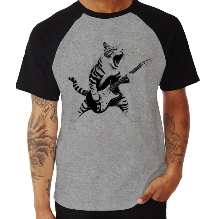 Camiseta Raglan Gato Guitarrista - Cinza/Preto