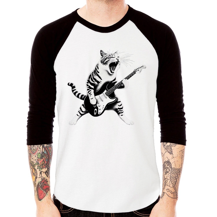 Camiseta Raglan Gato Guitarrista Manga 3/4