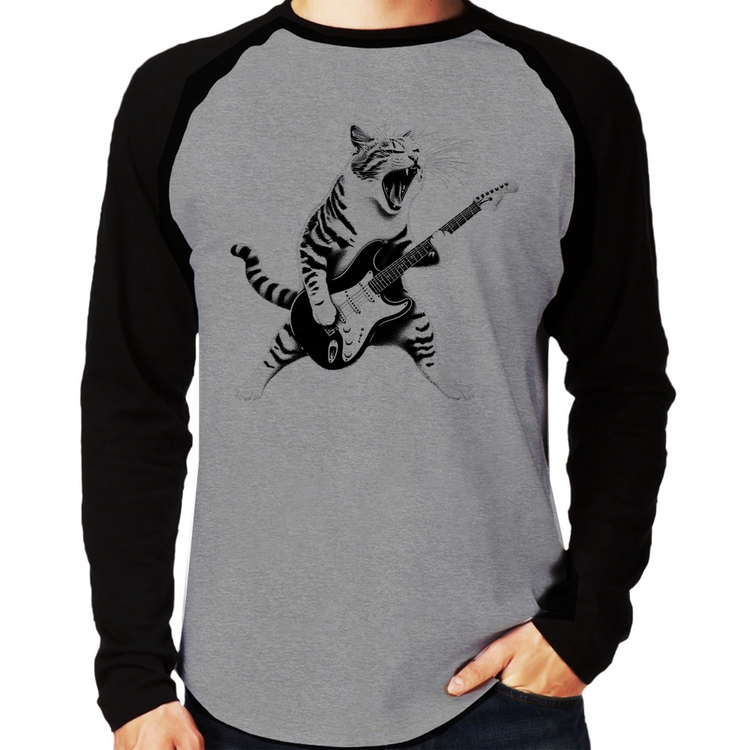 Camiseta Raglan Gato Guitarrista Manga Longa - Cinza/Preto