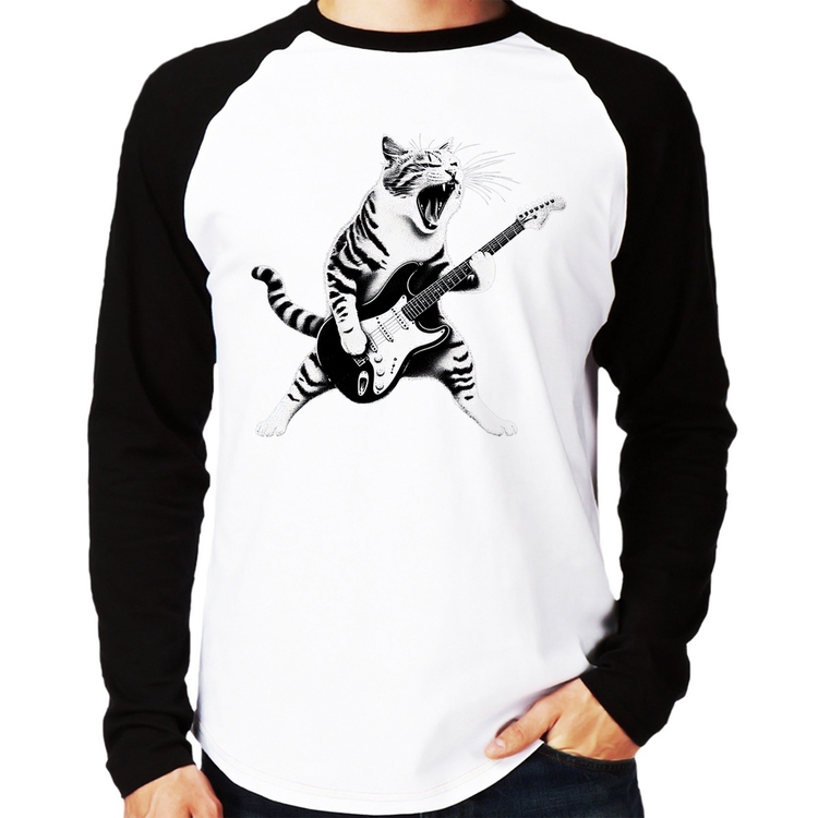 Camiseta Raglan Gato Guitarrista Manga Longa