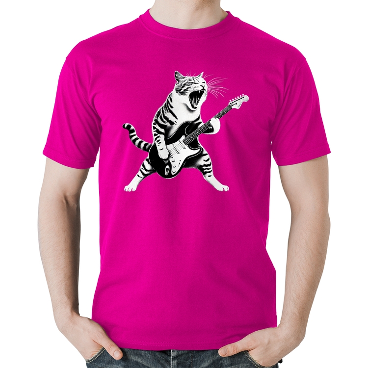 Camiseta Algodão Gato Guitarrista - Rosa
