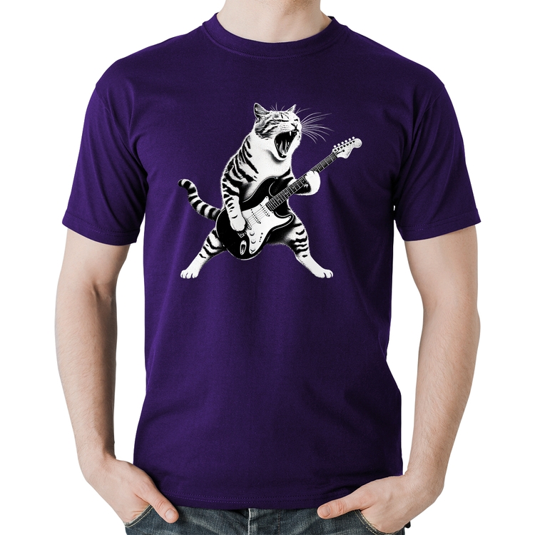 Camiseta Algodão Gato Guitarrista - Roxa