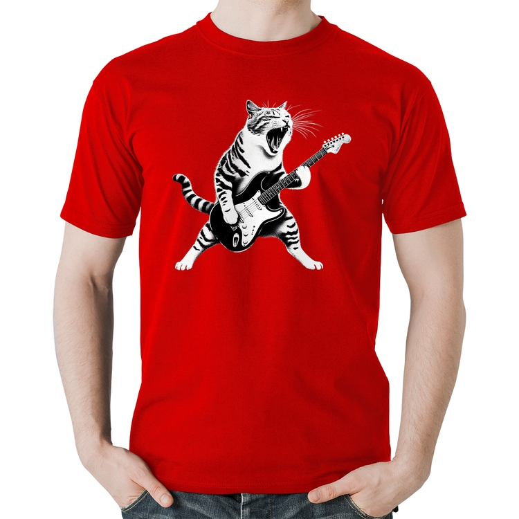 Camiseta Algodão Gato Guitarrista - Vermelha