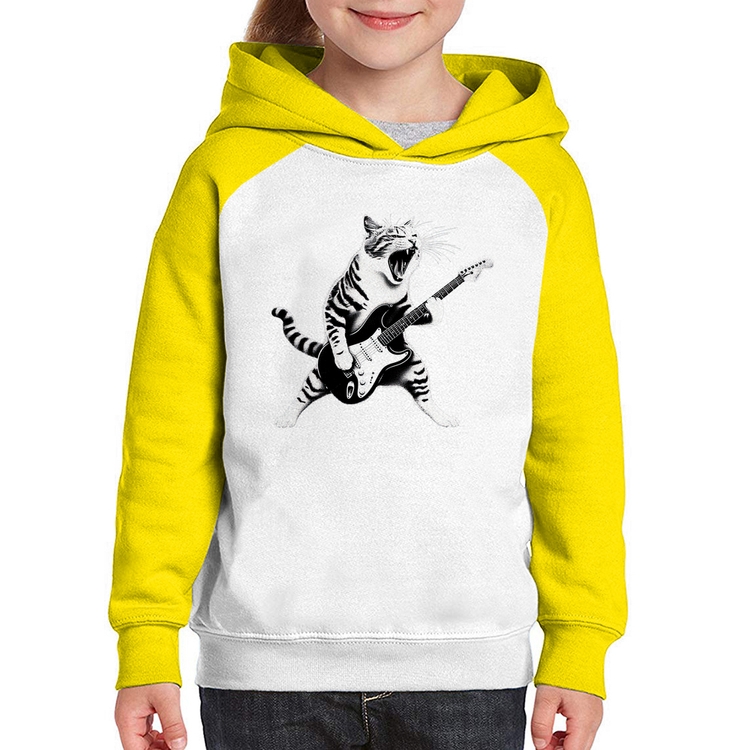 Moletom Infantil Gato Guitarrista - Branco/Amarelo