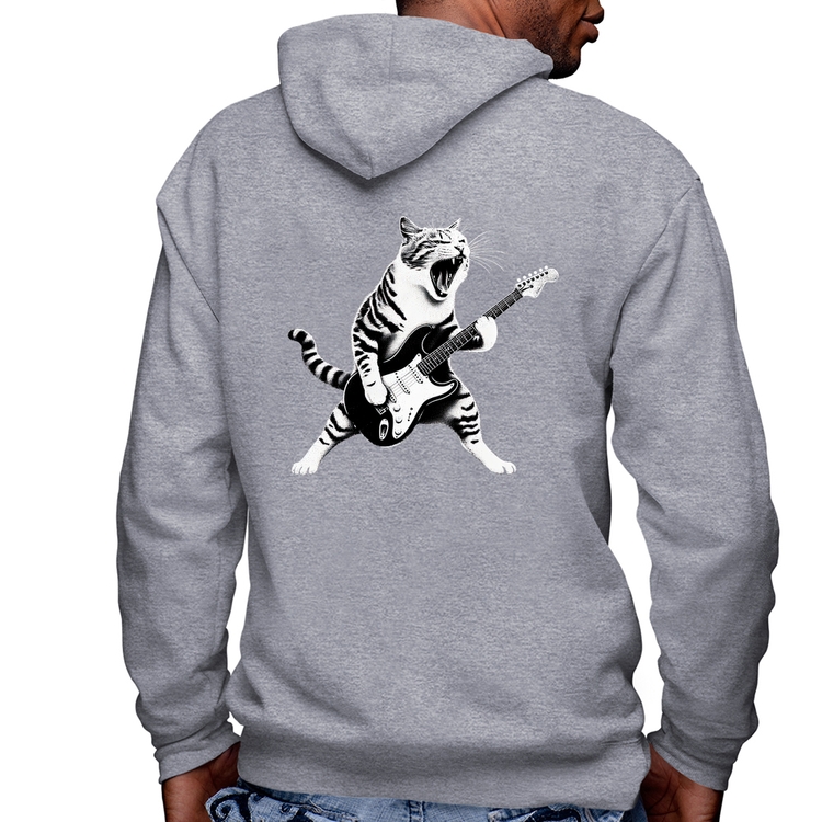 Blusa Moletom Gato Guitarrista Masculina com Capuz e Zíper - Mescla