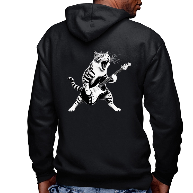 Blusa Moletom Gato Guitarrista Masculina com Capuz e Zíper