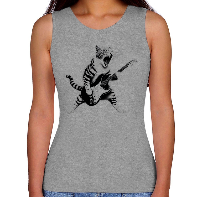 Regata Feminina Gato Guitarrista - Cinza