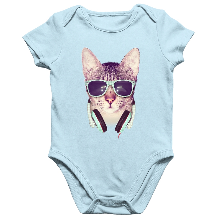 Body Bebê Algodão Gato Headphone - Azul Bebê