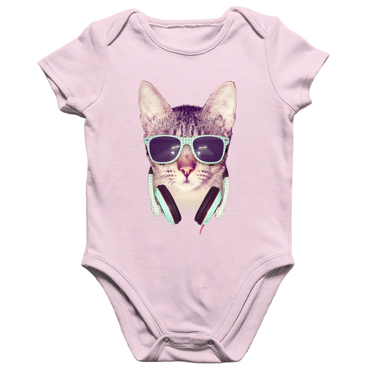 Body Bebê Algodão Gato Headphone - Rosa Bebê