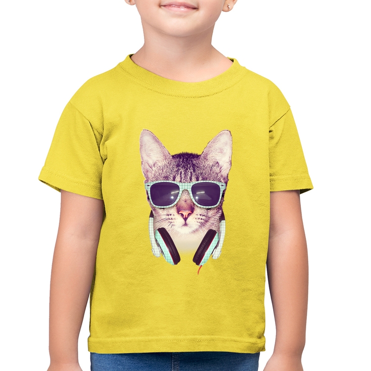 Camiseta Algodão Infantil Gato Headphone - Amarelo Canário