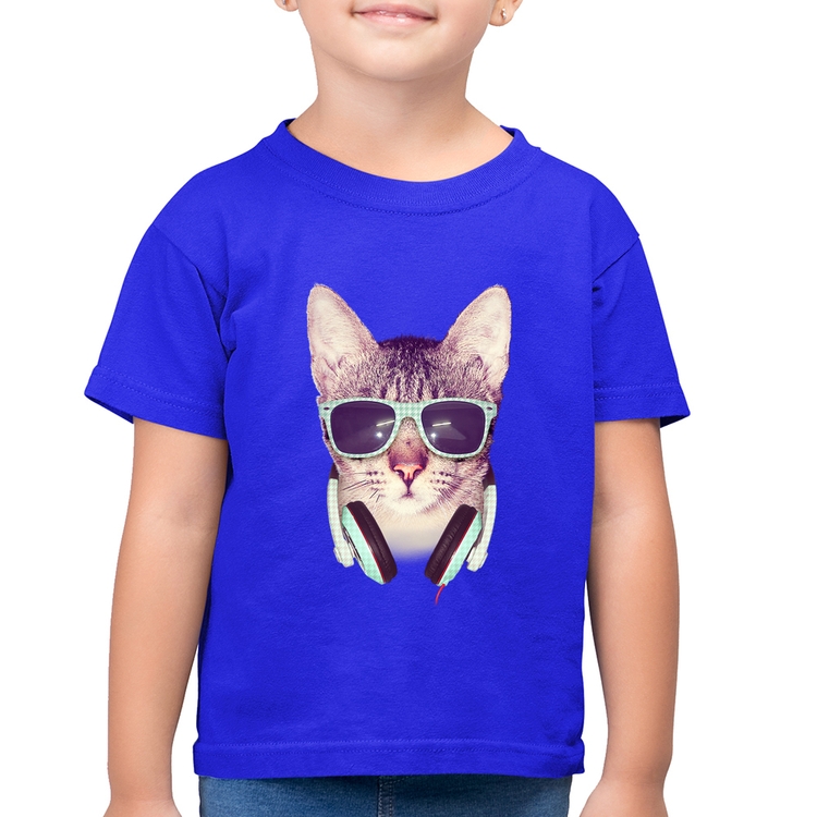 Camiseta Algodão Infantil Gato Headphone - Azul Royal