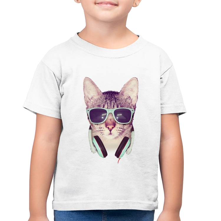 Camiseta Algodão Infantil Gato Headphone - Branca