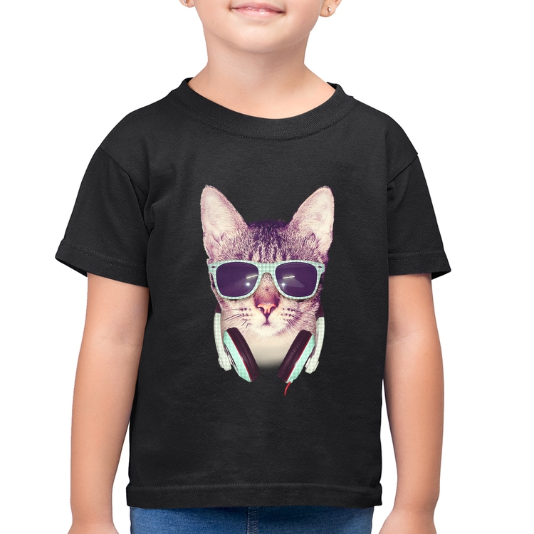 Camiseta Algodão Infantil Gato Headphone