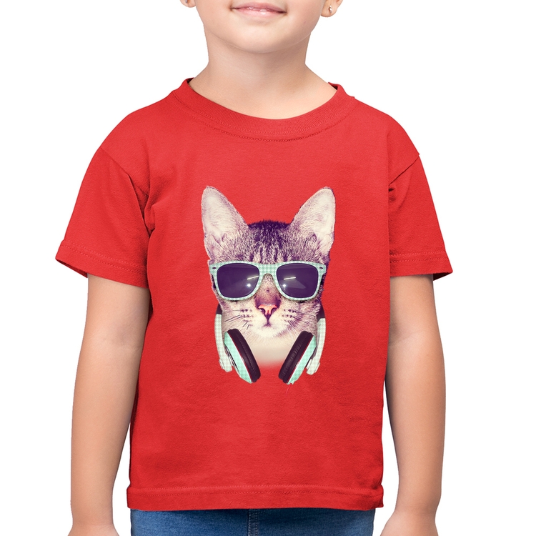 Camiseta Algodão Infantil Gato Headphone - Vermelha